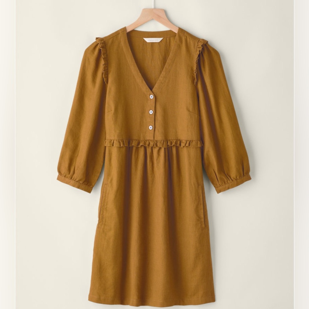 Garnet Hill Mustard V-Neck Mini Dress with Ruffle Trim